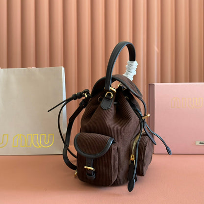 Miu Small Corduroy Backpack Dark Brown Leather-Trim