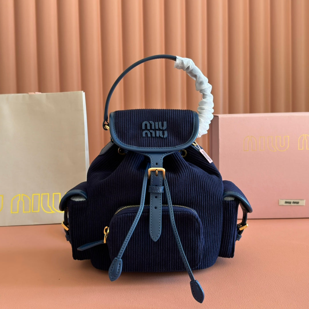 Miu Small Corduroy Backpack Navy Blue Leather-Trim