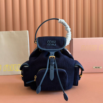 Miu Small Corduroy Backpack Navy Blue Leather-Trim