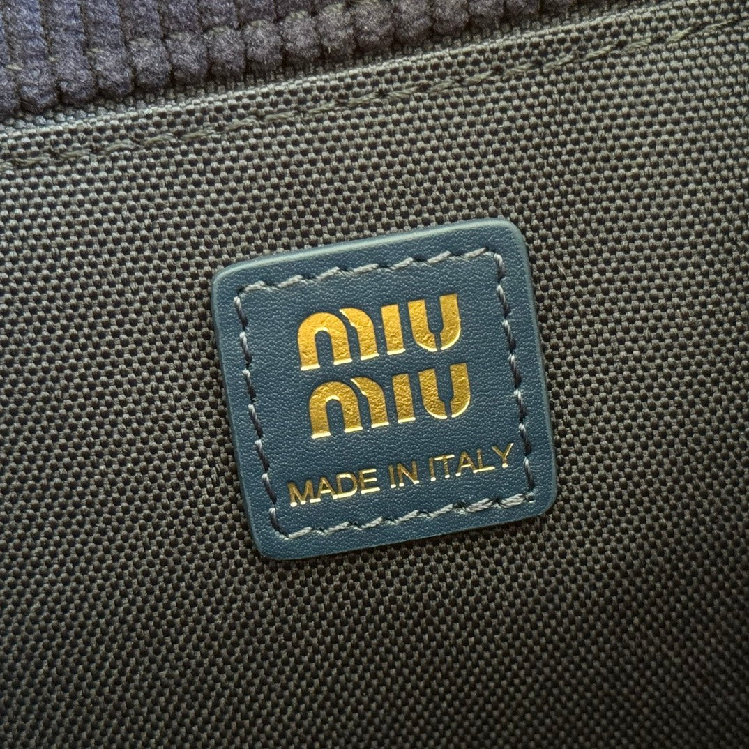 Miu Small Corduroy Backpack Navy Blue Leather-Trim
