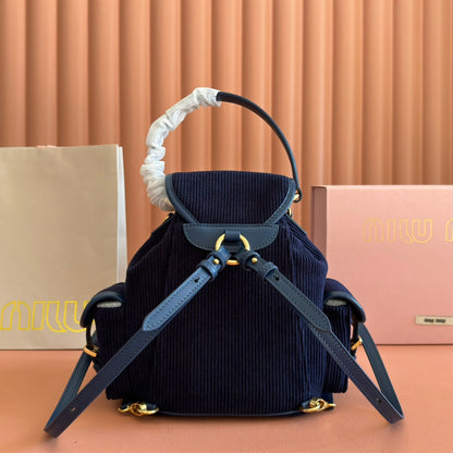 Miu Small Corduroy Backpack Navy Blue Leather-Trim