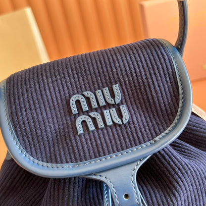 Miu Small Corduroy Backpack Navy Blue Leather-Trim