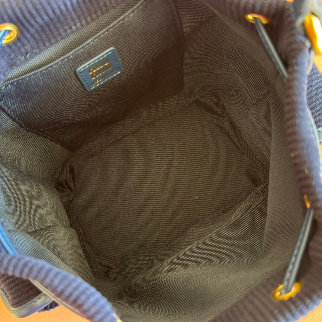 Miu Small Corduroy Backpack Navy Blue Leather-Trim