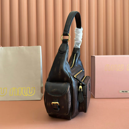 Miu Pocket Shoulder Bag Brown Calfskin