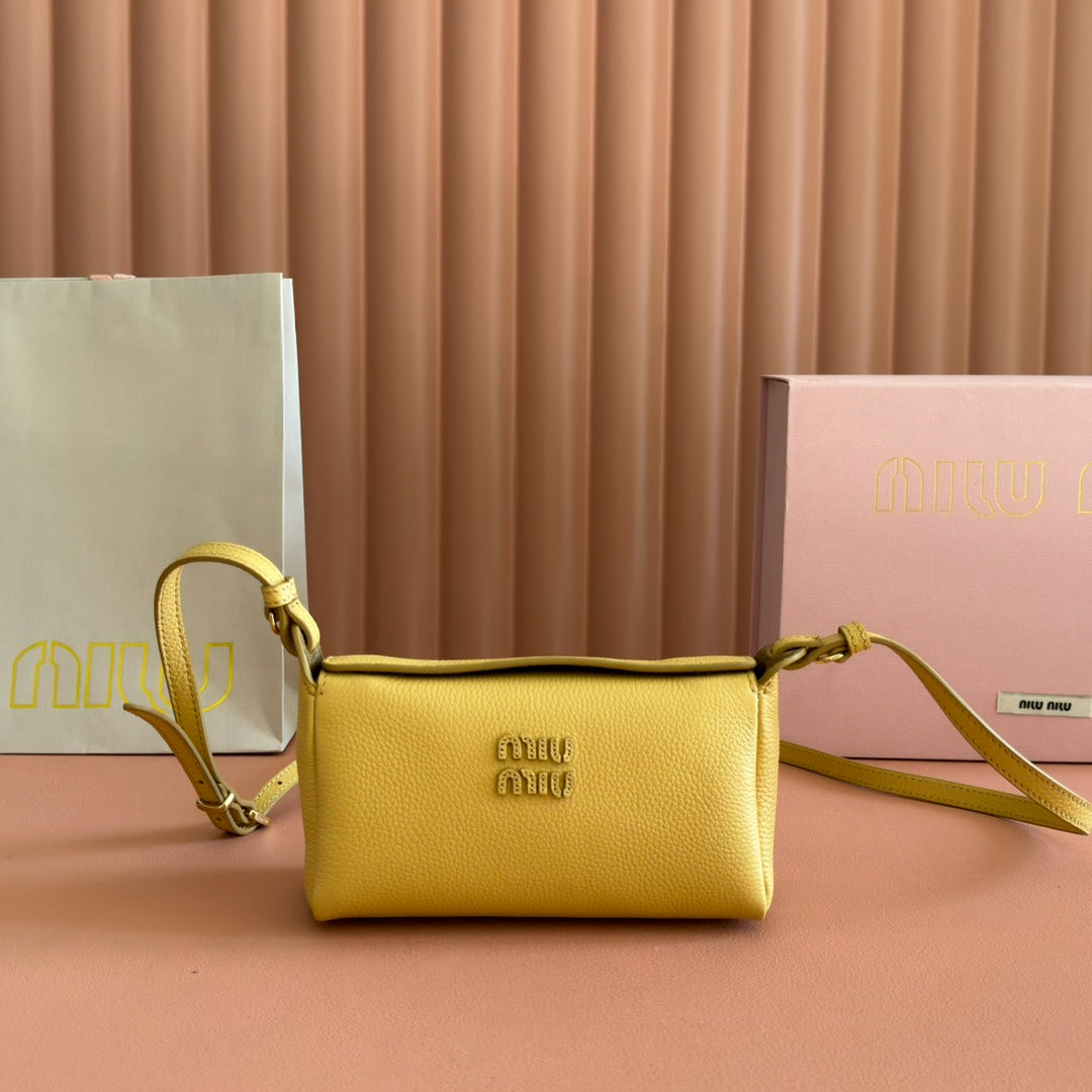 Miu Japan Pop-up Crossbody Bag 18cm Yellow Cowhide