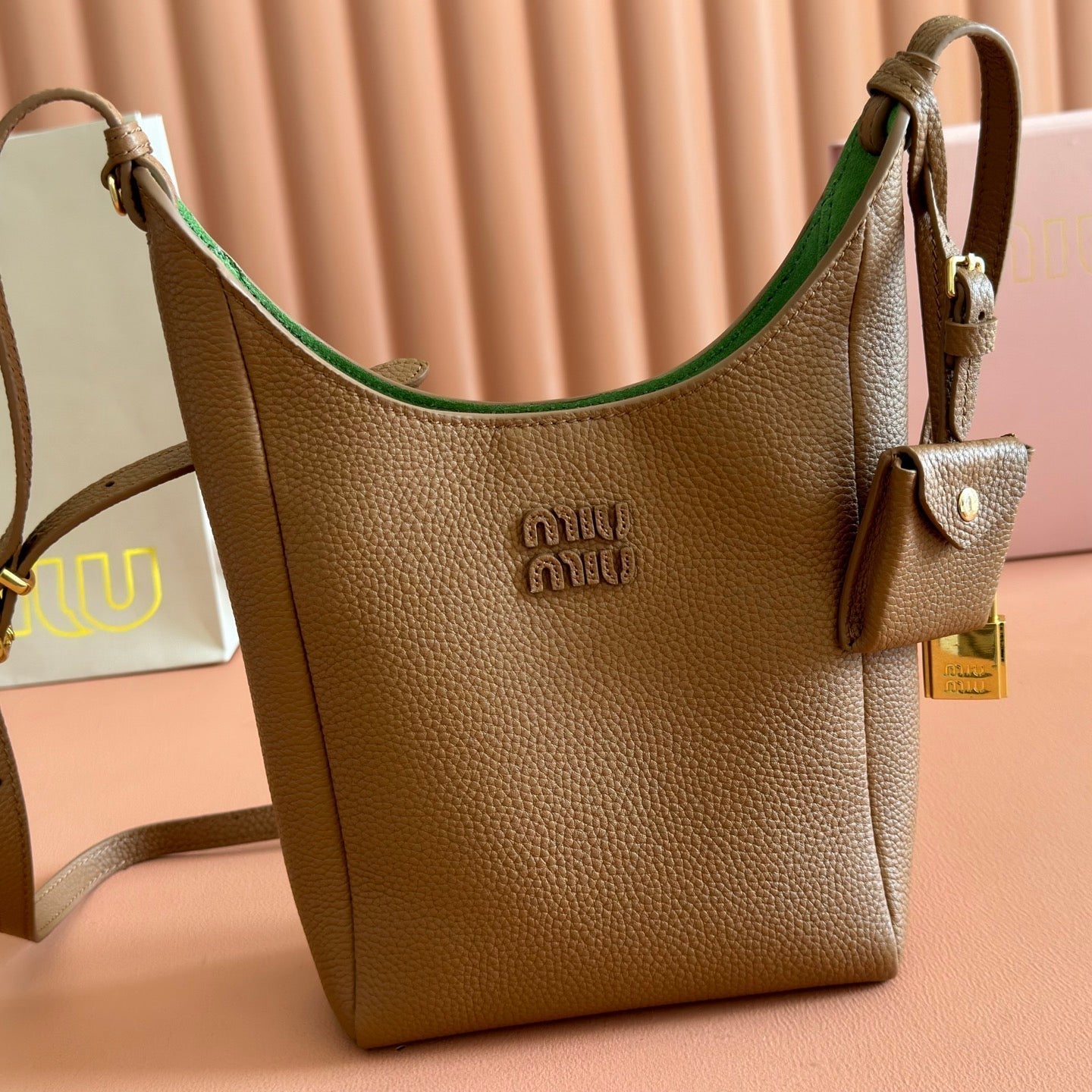 Miu Leather Bucket Bag 23cm Brown Grain Cowhide