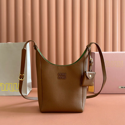 Miu Leather Bucket Bag 23cm Brown Grain Cowhide