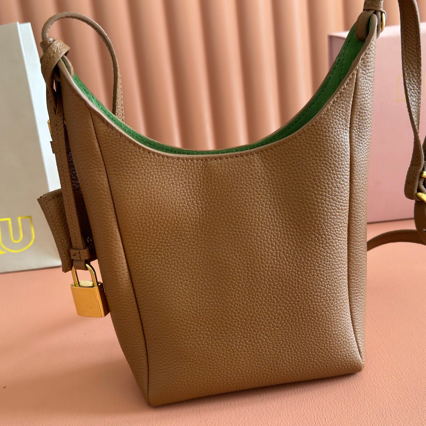 Miu Leather Bucket Bag 23cm Brown Grain Cowhide