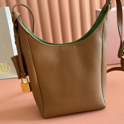 Miu Leather Bucket Bag 23cm Brown Grain Cowhide