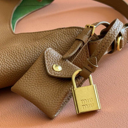 Miu Leather Bucket Bag 23cm Brown Grain Cowhide