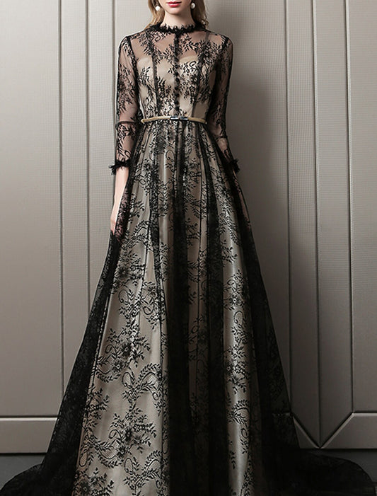 A-Line Evening Gown Cut Out Dress Wedding Guest Formal Evening Sweep / Brush Train 3/4 Length Sleeve Jewel Neck Lace with Pattern / Print 2026