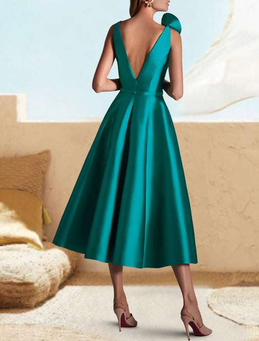 A-Line Cocktail Dresses Emerald Green Dress Wedding Guest Prom Tea Length Sleeveless V Neck Satin with Ruffles Appliques