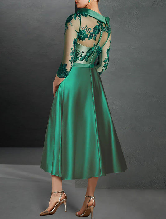 A-Line Cocktail Dress Christmas Red Green Dresses Floral Dress Christmas Red Green Dress Formal Wedding Guest Tea Length 3/4 Length Sleeve Jewel Neck Satin with Ruched Appliques