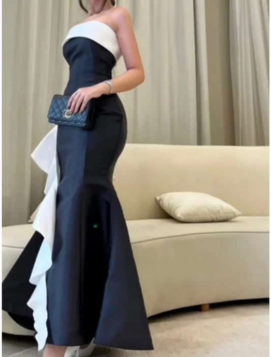 A-Line Evening Gown Elegant Dress Formal Ankle Length Black Dress Sleeveless Strapless Satin with Ruffles 2026
