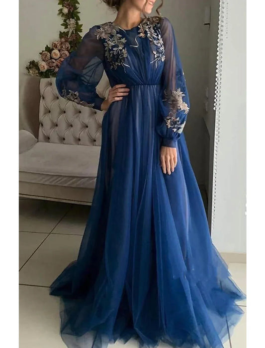 A-Line Evening Gown Floral Dress Wedding Guest Birthday Sweep / Brush Train Long Sleeve Jewel Neck Tulle with Embroidery 2026