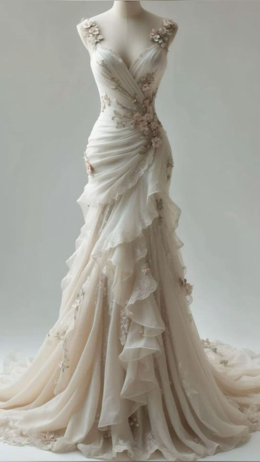 Ivory Vintage Floral Long Tulle Ball Gowns Wedding Dresses