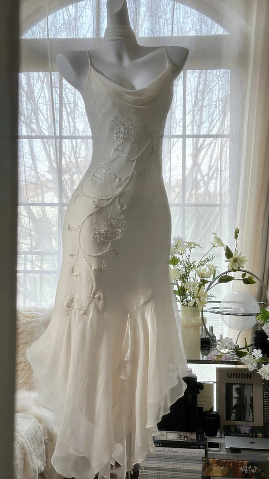 Ivory White Elegant Fashion Exquisite Floral Beading Long Chiffon Ball Gowns Prom Dress