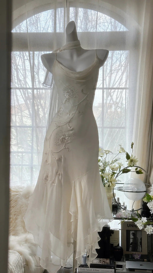 Ivory White Elegant Fashion Exquisite Floral Beading Long Chiffon Ball Gowns Prom Dress