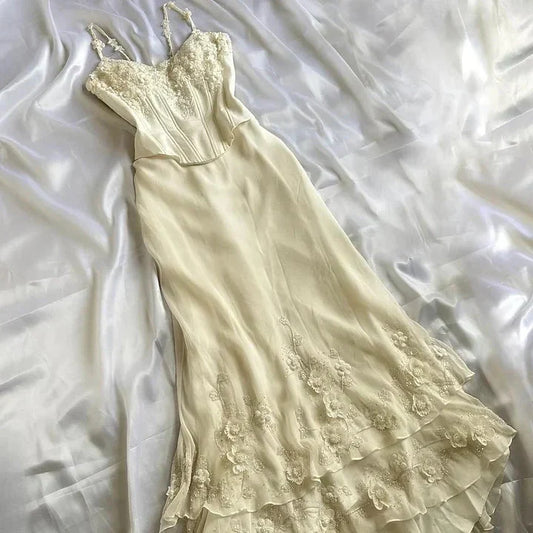 Ivory Luxury Gorgeous Fashion Exquisite Flowers Beading Long Chiffon Elegant Ball Gowns Prom Dress