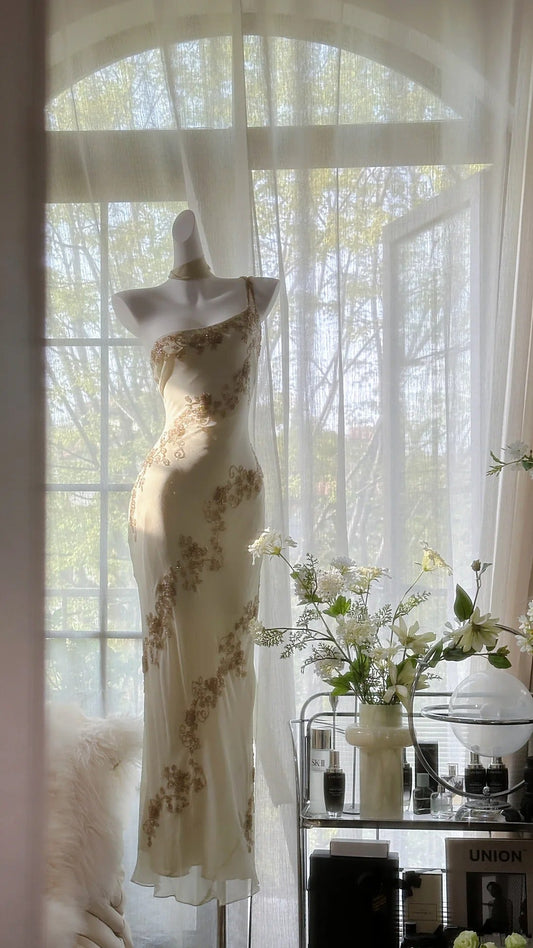Ivory/Green Vintage Fashion One Shoulder Exquisite Beaded Long Chiffon Ball Gowns Birthday Prom Dress Cocktail Prom Dress Prom Dress