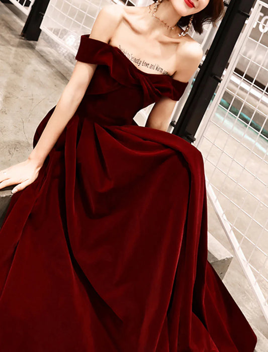 A-Line Evening Gown Elegant Dress Wedding Guest Formal Evening Ankle Length Short Sleeve Off Shoulder Velvet with Sleek 2025