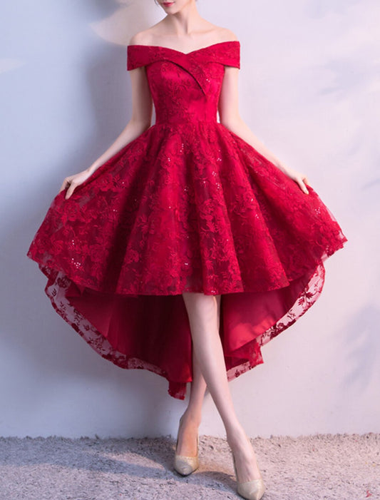 A-Line Cocktail Dresses Elegant Dress Party Wear Cocktail Party Asymmetrical Short Sleeve Off Shoulder Tulle with Pleats Embroidery
