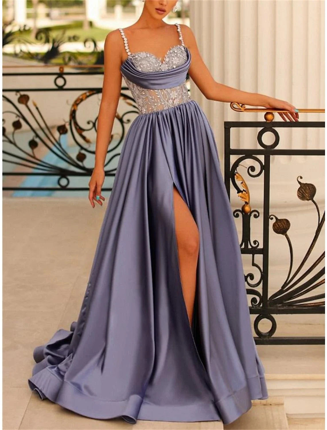 A-Line Evening Gown Backless Dress Formal Wedding Guest Sweep / Brush Train Sleeveless Spaghetti Strap Bridesmaid Dress Satin Backless with Ruched Sequin Slit 2026