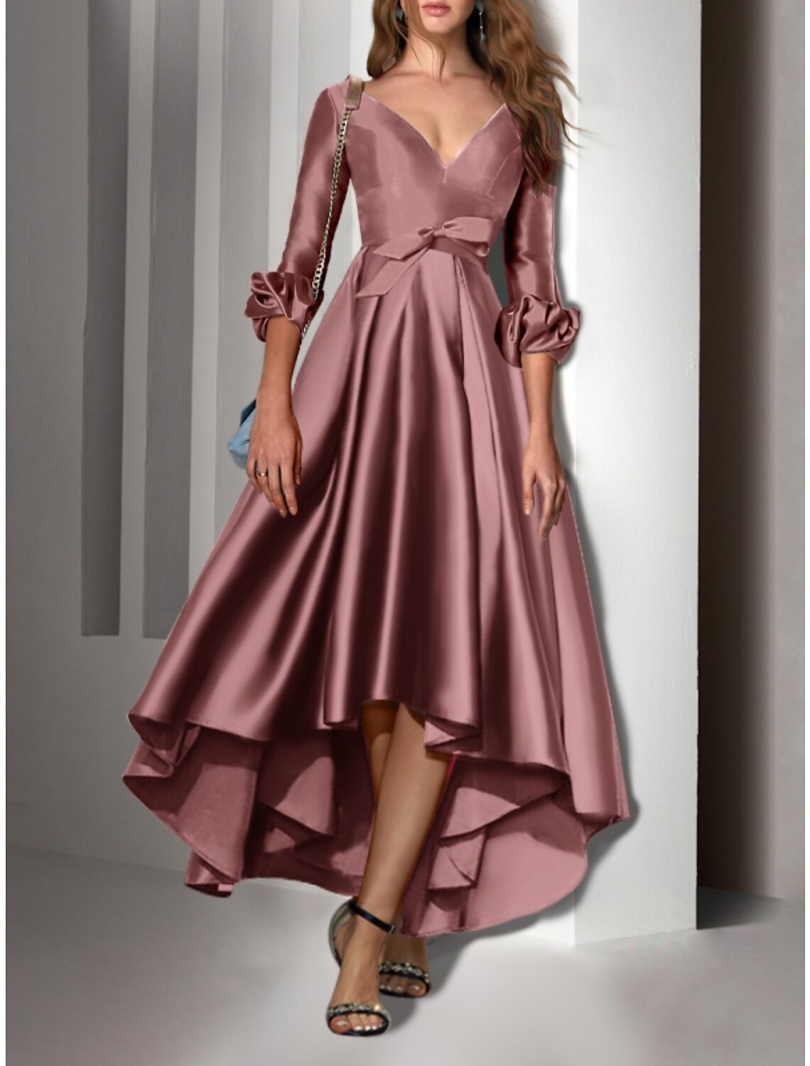 A-Line Cocktail Dresses Party Dress Wedding Guest Birthday Asymmetrical 3/4 Length Sleeve V Neck Satin with Bow(s) Pleats 2026