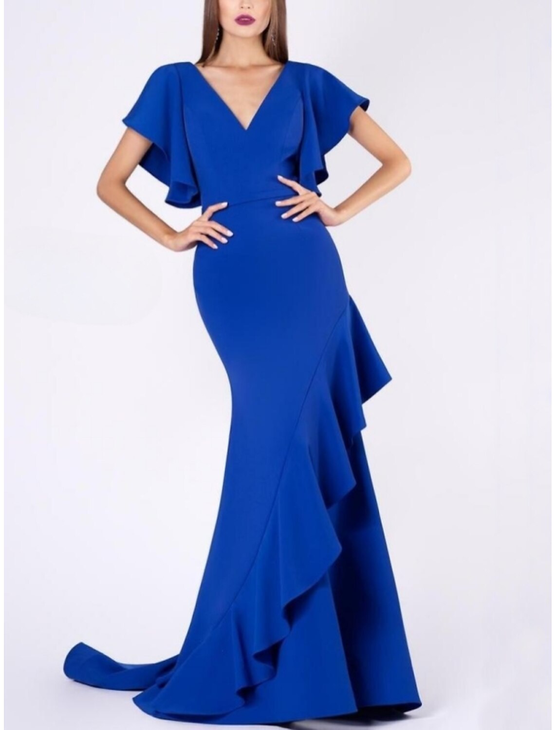 Mermaid / Trumpet Evening Gown Elegant Dress Fall Sweep / Brush Train Short Sleeve V Neck Fall Wedding Reception Fabric with Ruffles 2026