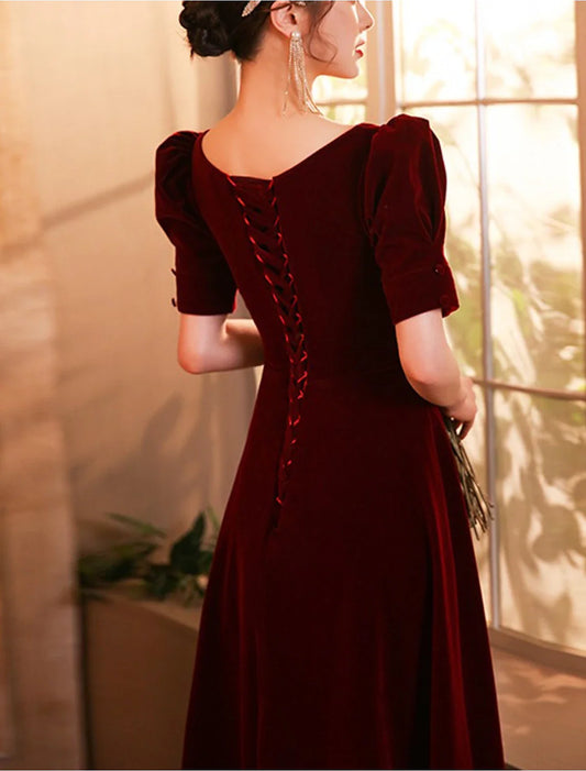 A-Line Cocktail Dresses Elegant Dress Wedding Guest Homecoming Tea Length Half Sleeve Scoop Neck Velvet with Buttons