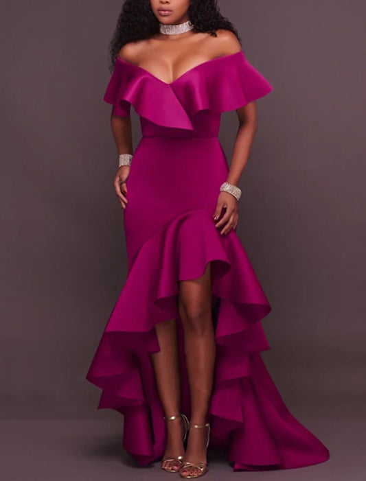 A-Line Evening Gown Minimalist Dress Wedding Guest Homecoming Asymmetrical Sleeveless Off Shoulder Satin with Ruffles Slit