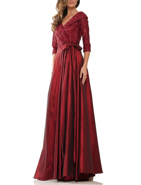 A-Line Evening Gown Elegant Dress Formal Black Dress Plus Size Floor Length Half Sleeve V Neck Satin with Bow(s) Pleats Sequin 2026