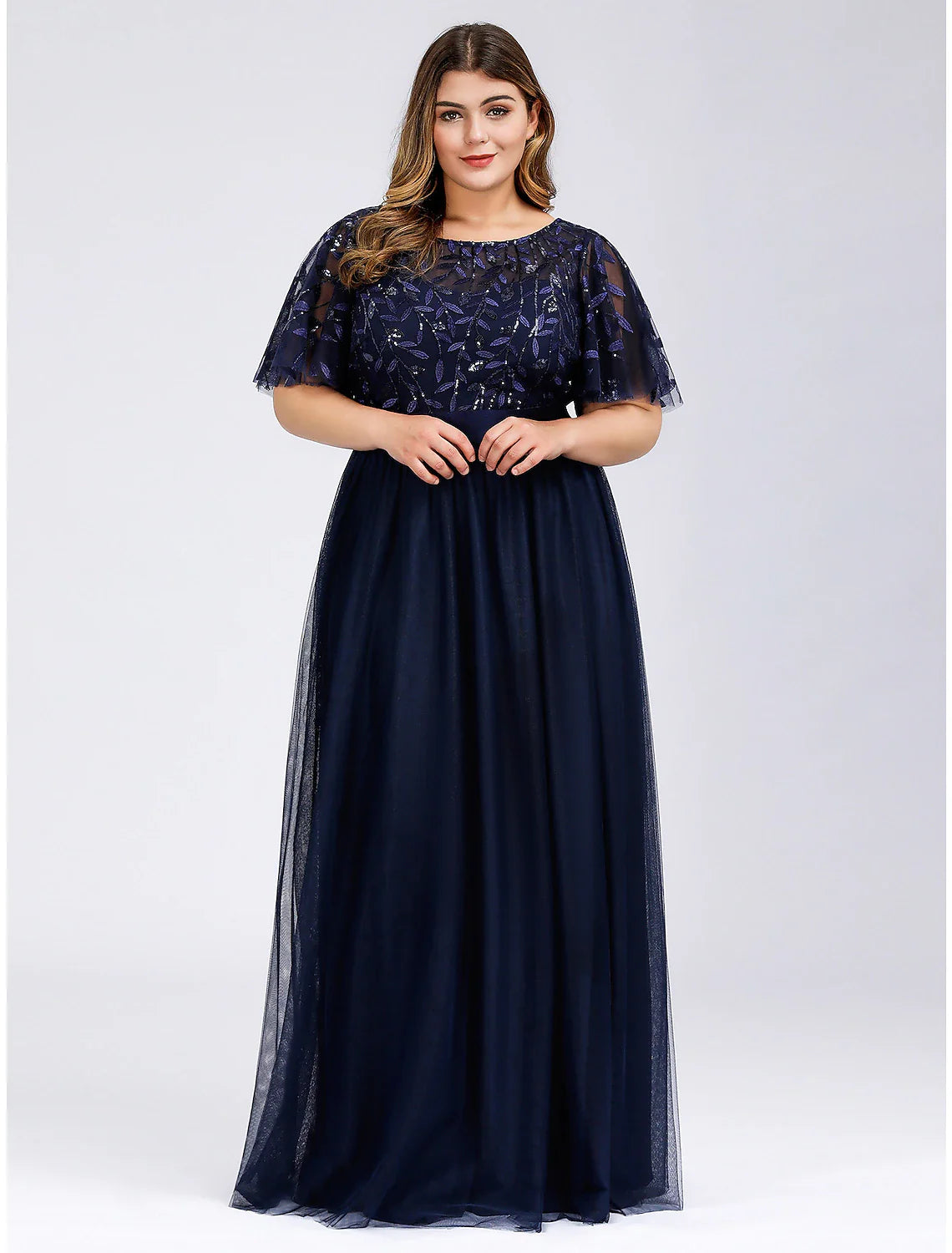 A-Line Prom Dresses Empire Dress Wedding Guest Prom Floor Length Short Sleeve Jewel Neck Bridesmaid Dress Tulle with Sequin Appliques