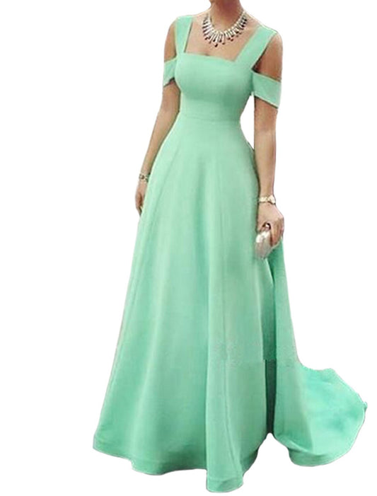 A-Line Evening Gown Minimalist Dress Wedding Guest Prom Sweep / Brush Train Short Sleeve Strapless Fabric with Pocket