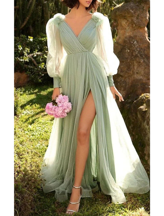 A-Line Evening Gown Elegant Dress Wedding Guest Summer Court Train Long Sleeve V Neck Tulle with Pleats Slit 2026