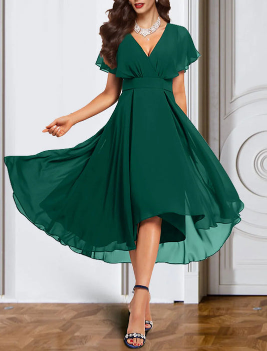 A-Line Cocktail Dresses Empire Dress Party Wear Wedding Guest Ankle Length Short Sleeve V Neck Fall Wedding Guest Chiffon with Pure Color Strappy 2026