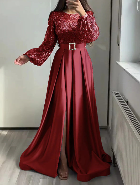 A-Line Evening Gown Glittering Dress Wedding Black Tie Floor Length Long Sleeve Jewel Neck Fall Wedding Guest Satin with Sequin 2025
