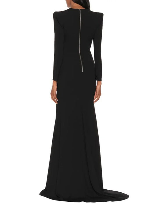 A-Line Evening Gown Elegant Black Champagne Dress Plus Size Dress Formal Sweep / Brush Train Long Sleeve V Neck Fabric with Pleats Slit