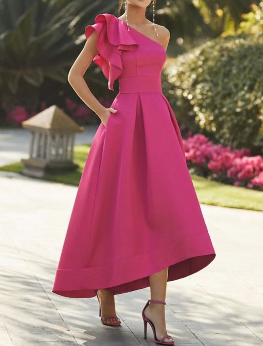 A-Line Cocktail Dresses Elegant Dress Prom Birthday Asymmetrical Sleeveless One Shoulder Fall Wedding Guest Fabric with Ruffles Pure Color