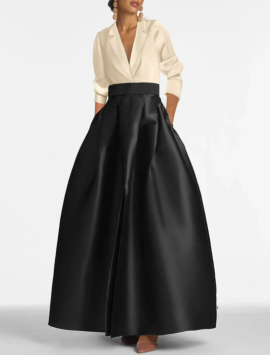 A-Line Evening Gown Elegant Dress Wedding Black Tie Floor Length Long Sleeve V Neck Fall Wedding Guest Satin with Ruched Pocket