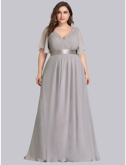 A-Line Mother of the Bride Dress Plus Size Elegant V Neck Floor Length Chiffon Short Sleeve with Sash / Ribbon Ruching