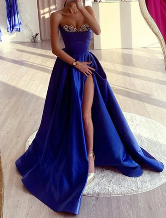 A-Line Evening Gown High Split Dress Wedding Prom Court Train Sleeveless Strapless Satin with Rhinestone Slit 2026