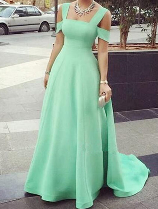 A-Line Evening Gown Minimalist Dress Wedding Guest Prom Sweep / Brush Train Short Sleeve Strapless Fabric with Pocket