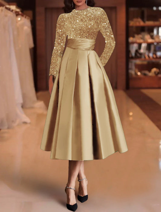 A-Line Cocktail Dresses Elegant Dress Christmas Red Green Dress Wedding Guest Tea Length Long Sleeve Jewel Neck Satin with Pleats Sequin 2026