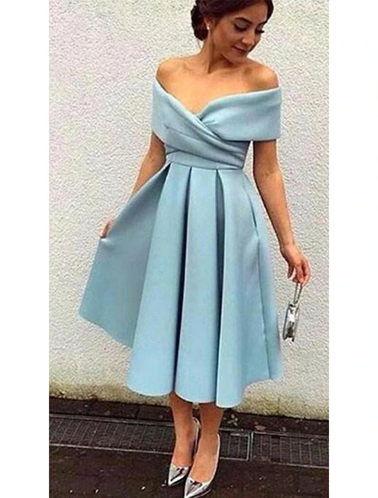 A-Line Cocktail Dresses 1950s Dress Homecoming Formal Evening Tea Length Short Sleeve V Neck Fabric V Back with Pleats