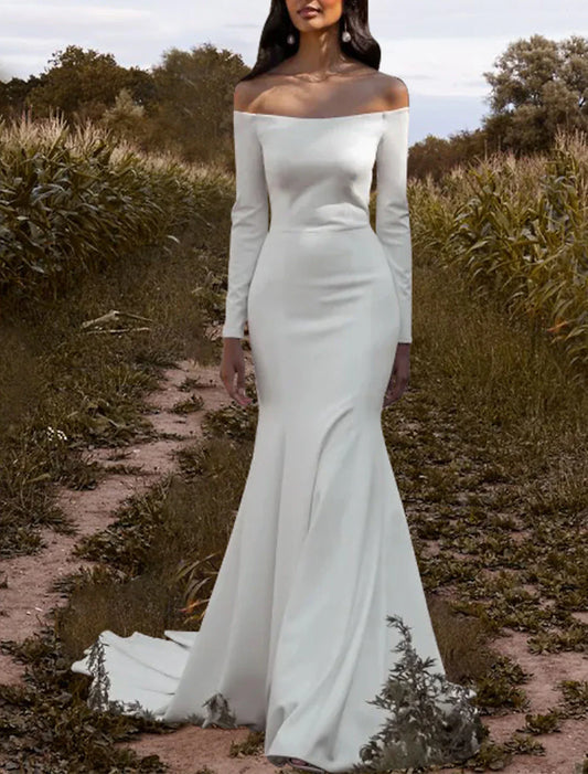 Hall Simple Wedding Dresses Mermaid / Trumpet Off Shoulder Long Sleeve Court Train Fabric Bridal Gowns With Solid Color