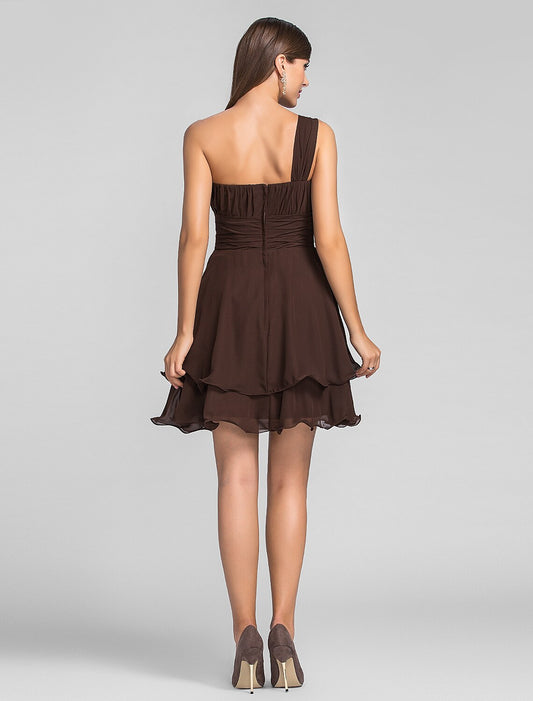 A-Line Cute One Shoulder Sleeveless Chiffon with Ruched Draping Crystal Brooch Short/Mini Homecoming Dress