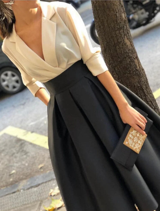 A-Line Evening Gown Elegant Dress Wedding Black Tie Floor Length Long Sleeve V Neck Fall Wedding Guest Satin with Ruched Pocket