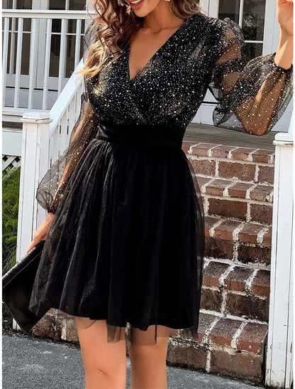 Women‘s Little Black Dress Sexy Dress Party Dress Homecoming Dress Mini Dress Long Sleeve Color Block Ruched Fall Winter V Neck Fashion Winter Dress Black Cocktail Dress