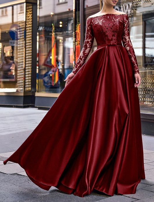 A-Line Evening Gown Party Dress Christmas Red Green Dress Elegant Dress Wedding Guest Fall Floor Length Long Sleeve Off Shoulder Belt / Sash Satin with Appliques 2026